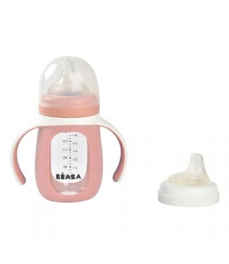 Beaba Beaba - 2-in-1 glazen meegroeifles 210ml + siliconen hoes oudroze