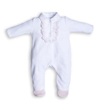 First First - White pink Velvet rompersuit tie lace