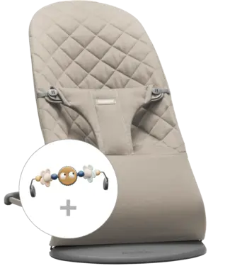 Babybjorn BabyBjörn - Wipstoeltje Bliss - Geweven klassiek quilt Zandgrijs & Speelboog Ondeugende oogjes