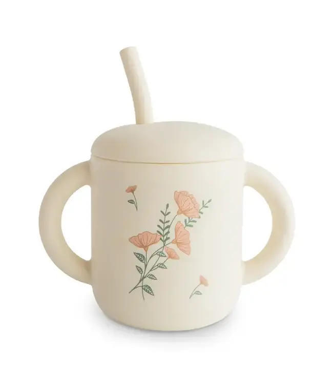Mushie Mushie - Training Cup + Straw - Pink Flowers (New)
