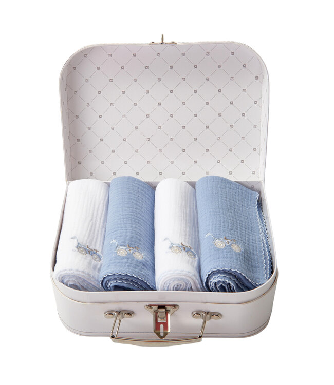 Theophile & Patachou Theophile & Patachou - 4 geborduurde tetra doek 70x70 + koffertje wit/ - Wit/Blauw - Classic Car