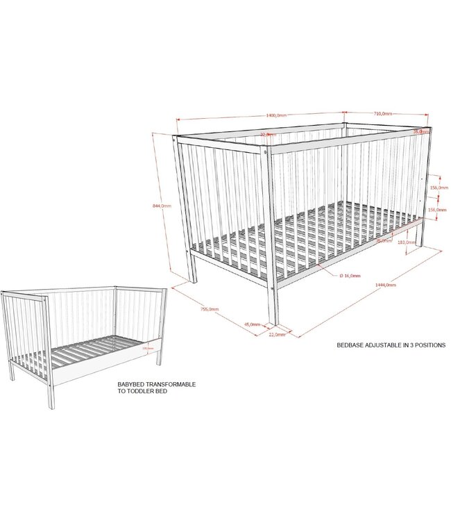 JAXX Jaxx - Dino Babybed 70X140 Wit (Lattenbodem Inbegrepen)