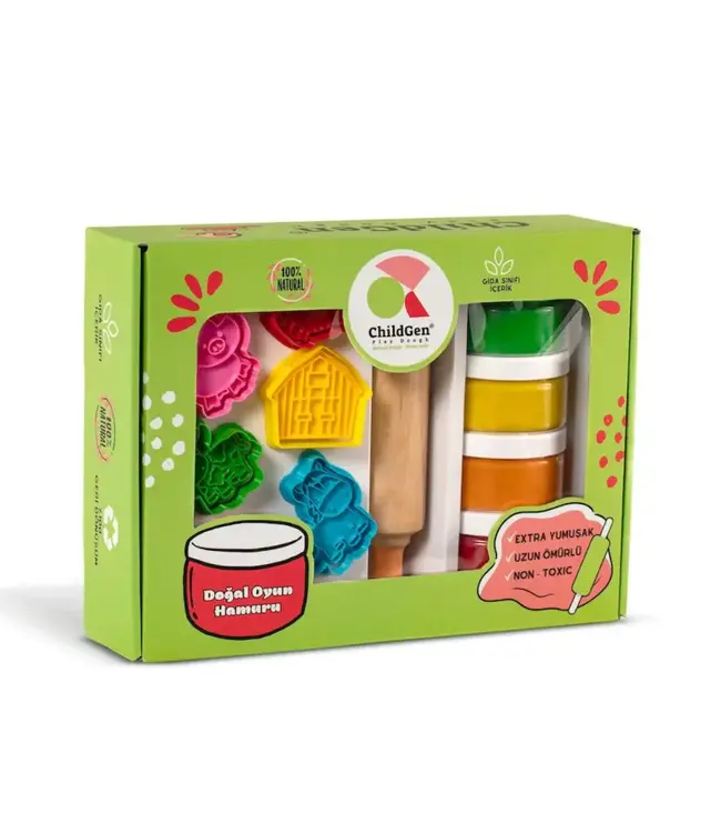 Childgen Childgen - Play Dough Premium Set - Farm * 4 Pcs Play Dough *1 Pcs Wooden Roller *12 Pcs Premium Stamp And Cutter - Multicolor