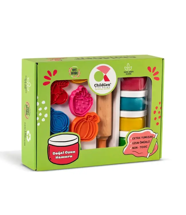 Childgen Childgen - Play Dough Premium Set - Fruits And Vegetables * 4 Pcs Play Dough *1 Pcs Wooden Roller *12 Pcs Premium Stamp And Cutter - Multicolor