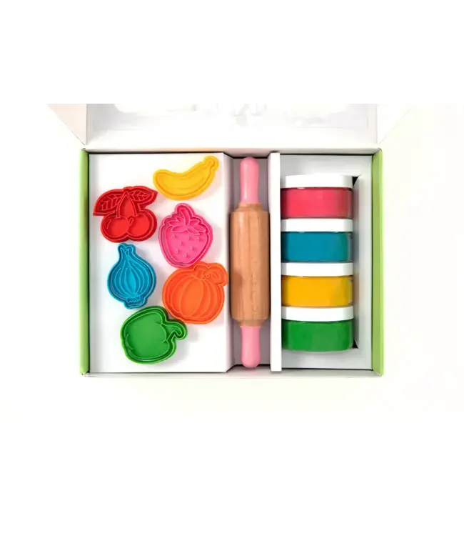 Childgen Childgen - Play Dough Premium Set - Fruits And Vegetables * 4 Pcs Play Dough *1 Pcs Wooden Roller *12 Pcs Premium Stamp And Cutter - Multicolor