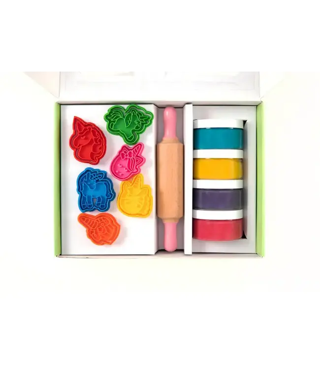 Childgen Childgen - Play Dough Premium Set - Unicorn * 4 Pcs Play Dough *1 Pcs Wooden Roller *12 Pcs Premium Stamp And Cutter - Multicolor