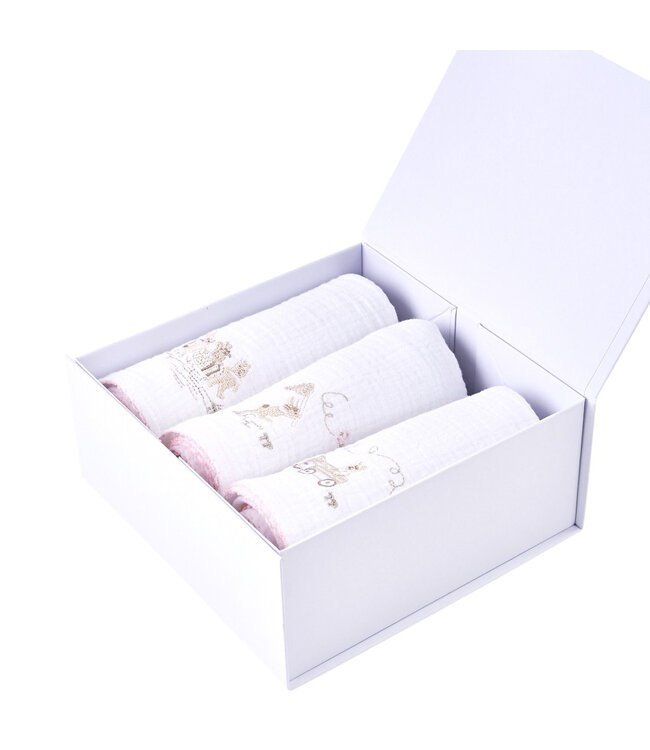 Theophile & Patachou Théophile & patachou - Pink Garden Party - 3 geborduurde tetra doek PP 60x60 + doos