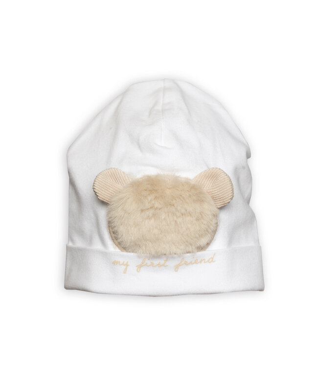 First First - bonnet teddy bear fur- white-beige
