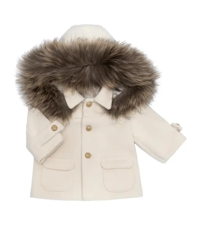 Barcellino Barcellino - Wollen jas beige met afneembare capuchon wasbeerbont