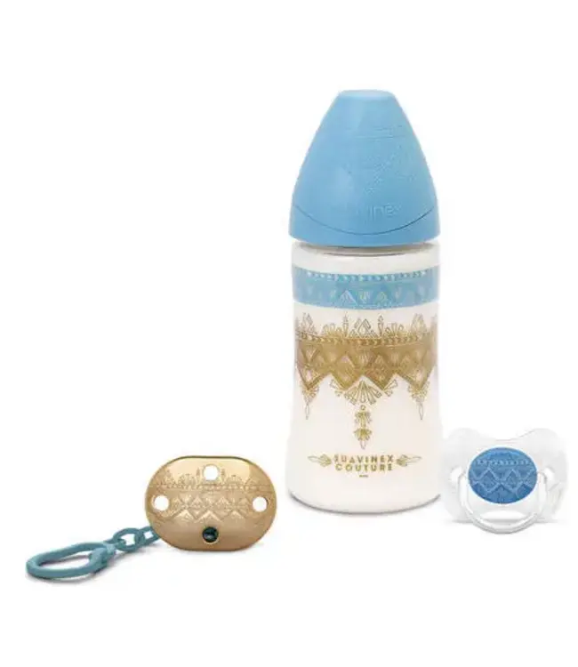 Suavinex Suavinex - COUTURE - Geschenkset - Silic. - 270ml 3P - 0/4M+Clip Blue