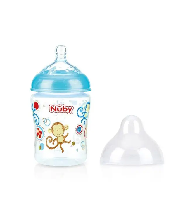 Nuby Nuby - Brede Hals Fles 270ML aap - lichtblauw