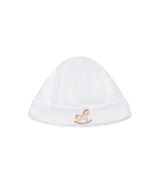 Baby Gi - White cotton babyhat - Rocking Horse - Pink detail  (0-1M)