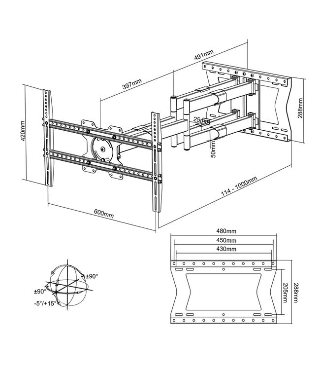 XTRARM Cratos 100 cm Double Rotate VESA 600 TV Beugel zwart
