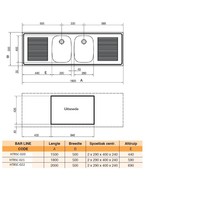 Bar spoeltaflelblad inox | 180 x 50 x 2 cm | 2 x Waschbecken Mitte