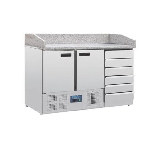  Polar Pizza Werkbank | Gekühlt | Edelstahl | Marmorplatte | 5 Teigplatten | 2 Gitter | 257L | 106(H)x142(B)x70(T) cm 