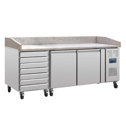  Polar Pizza Werkbank | Gekühlt | Edelstahl | Marmorplatte | 7 Teigplatten | 2 Roster | 428L | 100(H)x203(B)x80(T)cm 