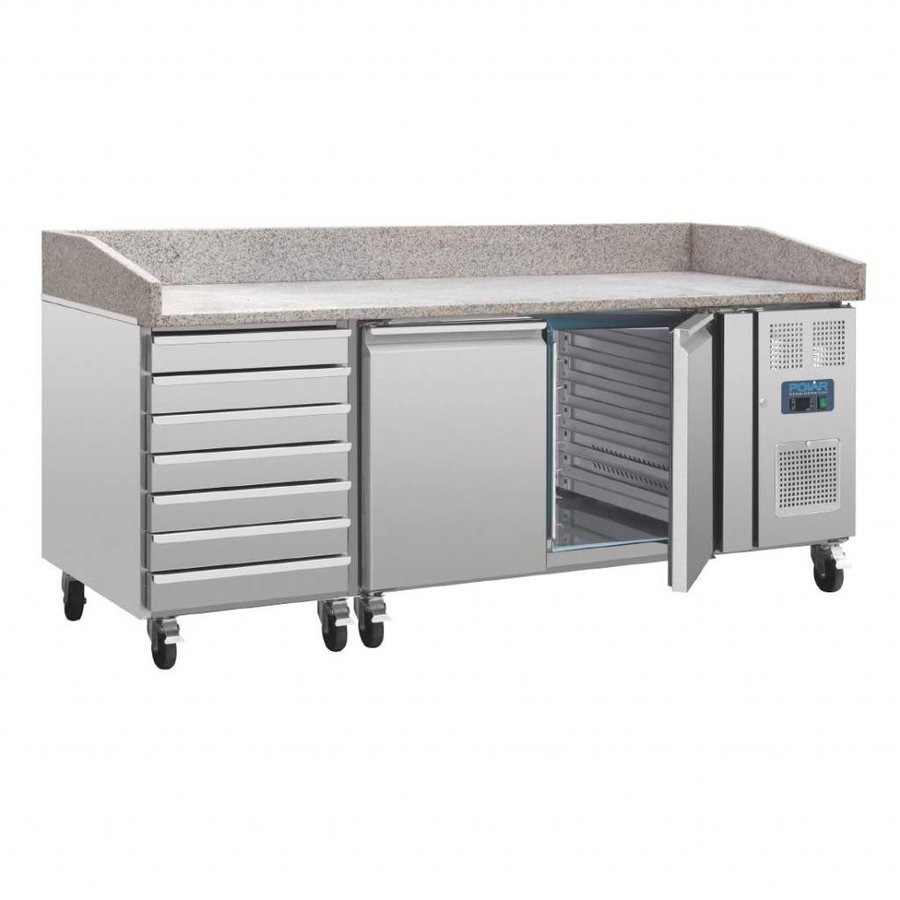 Pizza Werkbank | Gekühlt | Edelstahl | Marmorplatte | 7 Teigplatten | 2 Roster | 428L | 100(H)x203(B)x80(T)cm