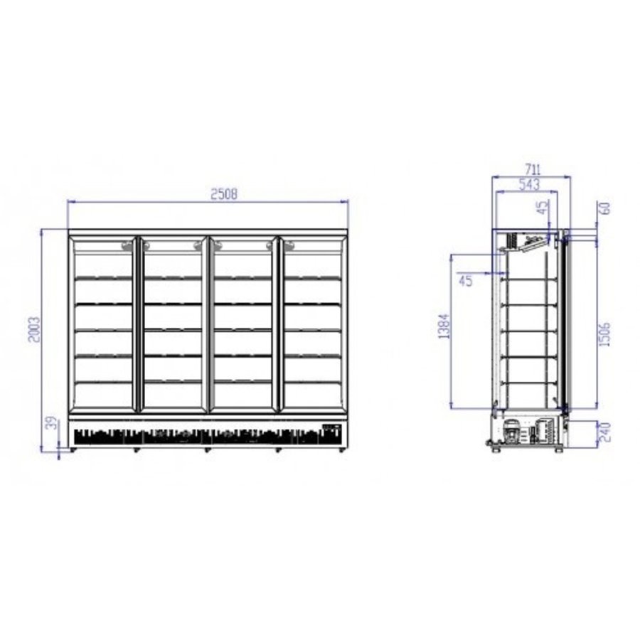 Kühlschrank 4 Glastüren | 2025 Liter | Edelstahl | Schwarz innen + außen