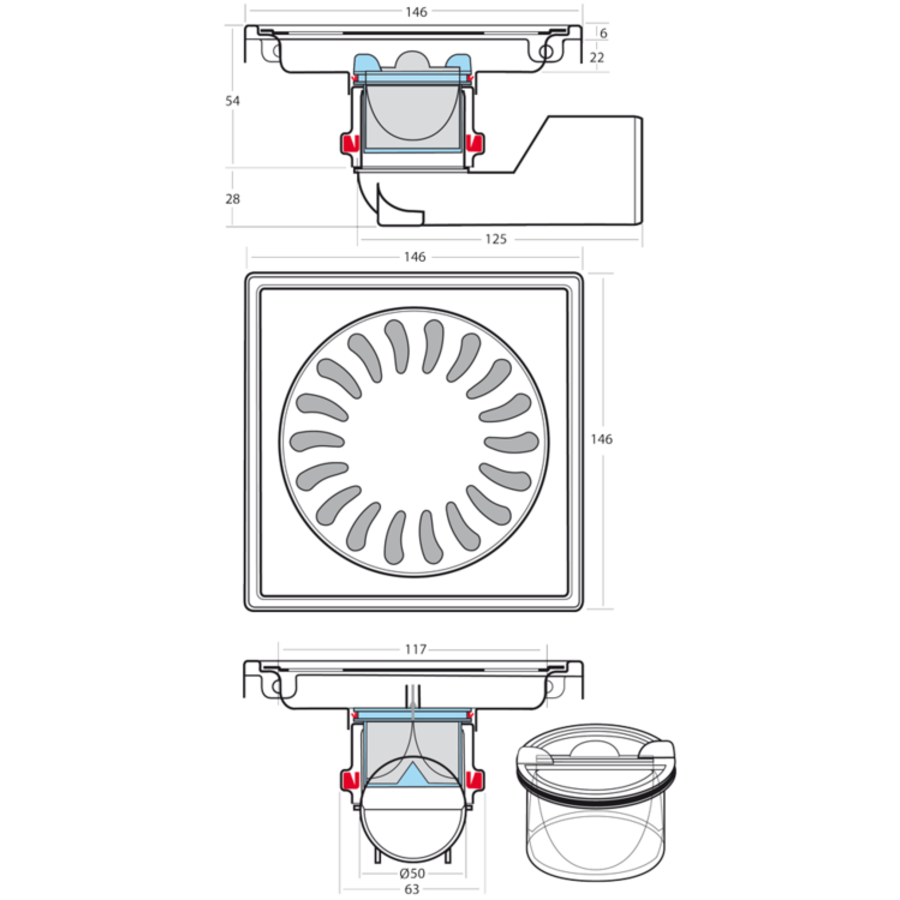 Bodenablauf Edelstahl RSA Horizontal/Vertikal Anschluss | 15(B)x15(T)x8(H) cm