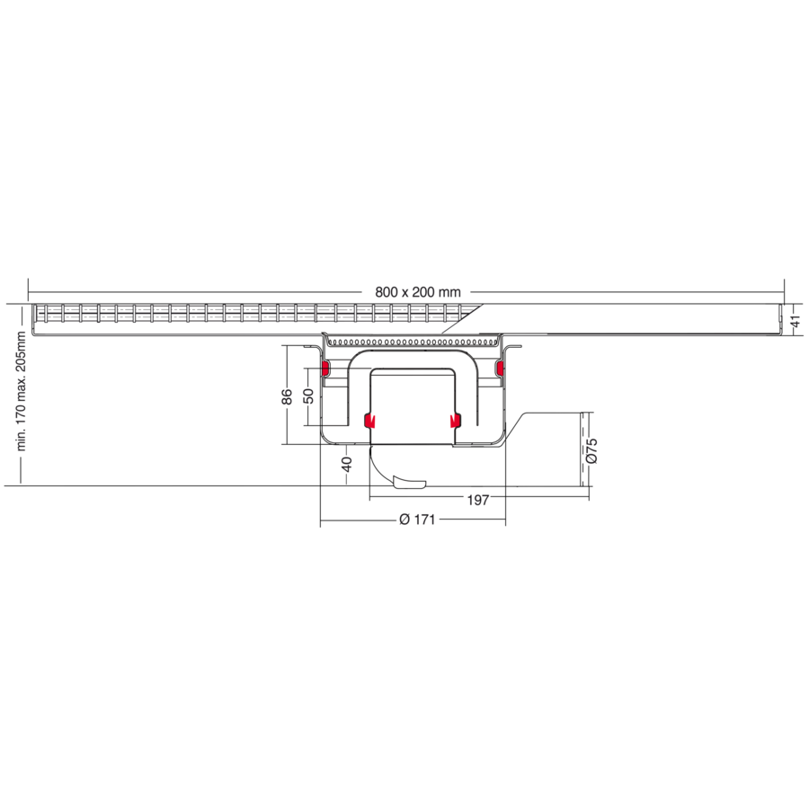 Bodenablauf Edelstahl Horizontal/Vertikal Anschluss | 80(B)x20(T)x17(H) cm