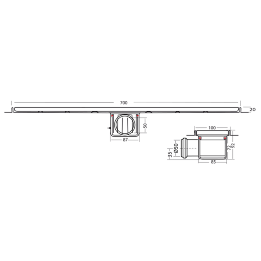 Bodenablauf Edelstahl Horizontal Anschluss | 70(B)x10(T)x10(H) cm