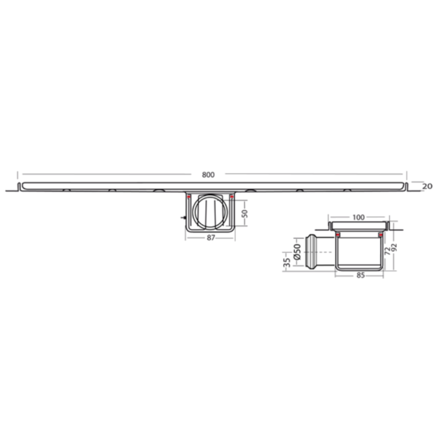 Bodenablauf Edelstahl Horizontal Anschluss | 80(B)x10(T)x10(H) cm