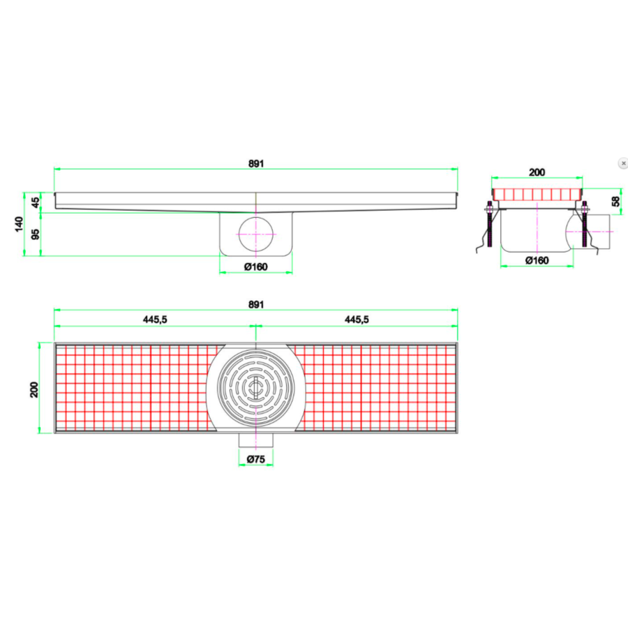 Bodenablauf Edelstahl Horizontal Anschluss | 89(B)x20(T)x14(H) cm