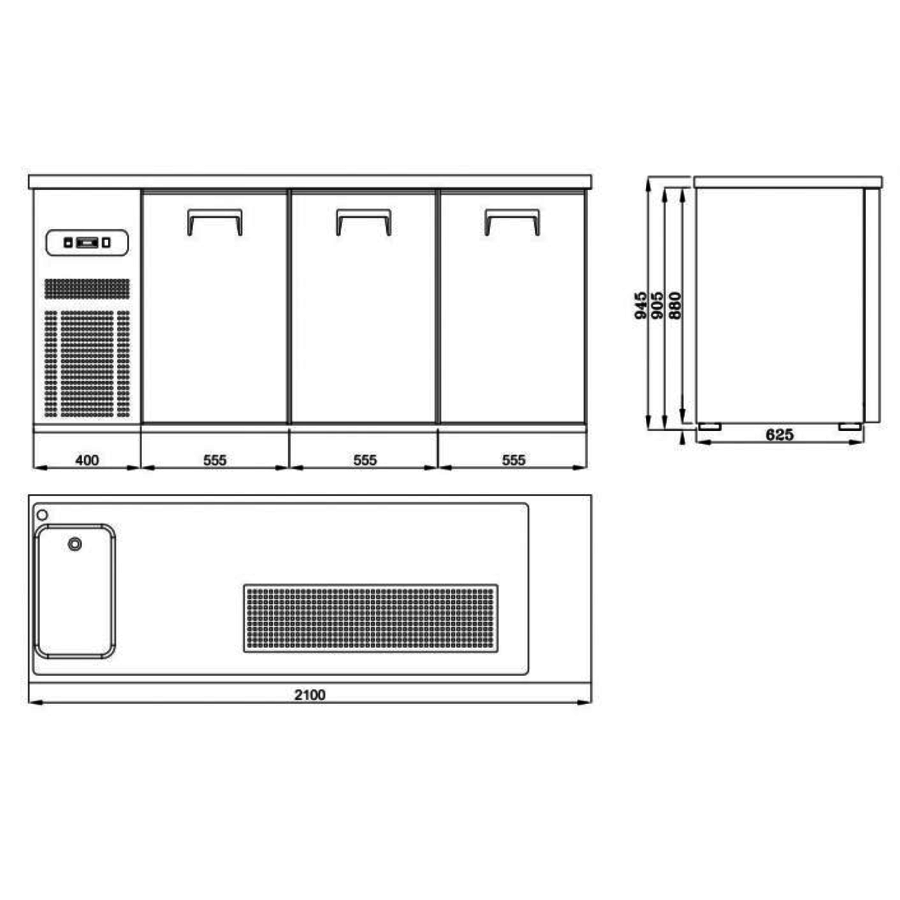 Biertheke 3 Türen Spülbecken links | Edelstahl | 210x70x95 cm