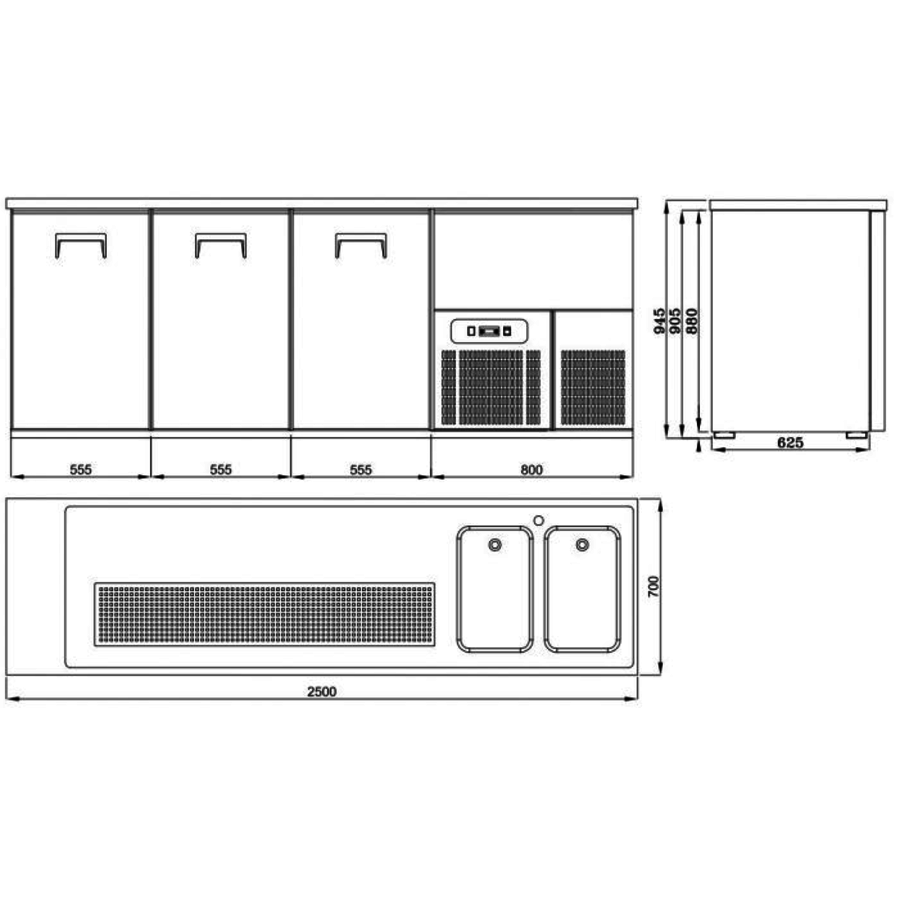 Biertheke 3 Türen 2 Spülbecken rechts | Edelstahl | 250x70x95 cm