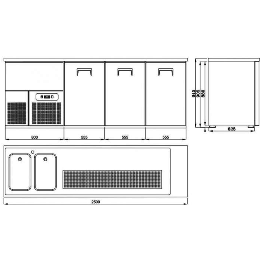 Biertheke 3 Türen 2 Spülbecken links | Edelstahl | 250x70x95 cm