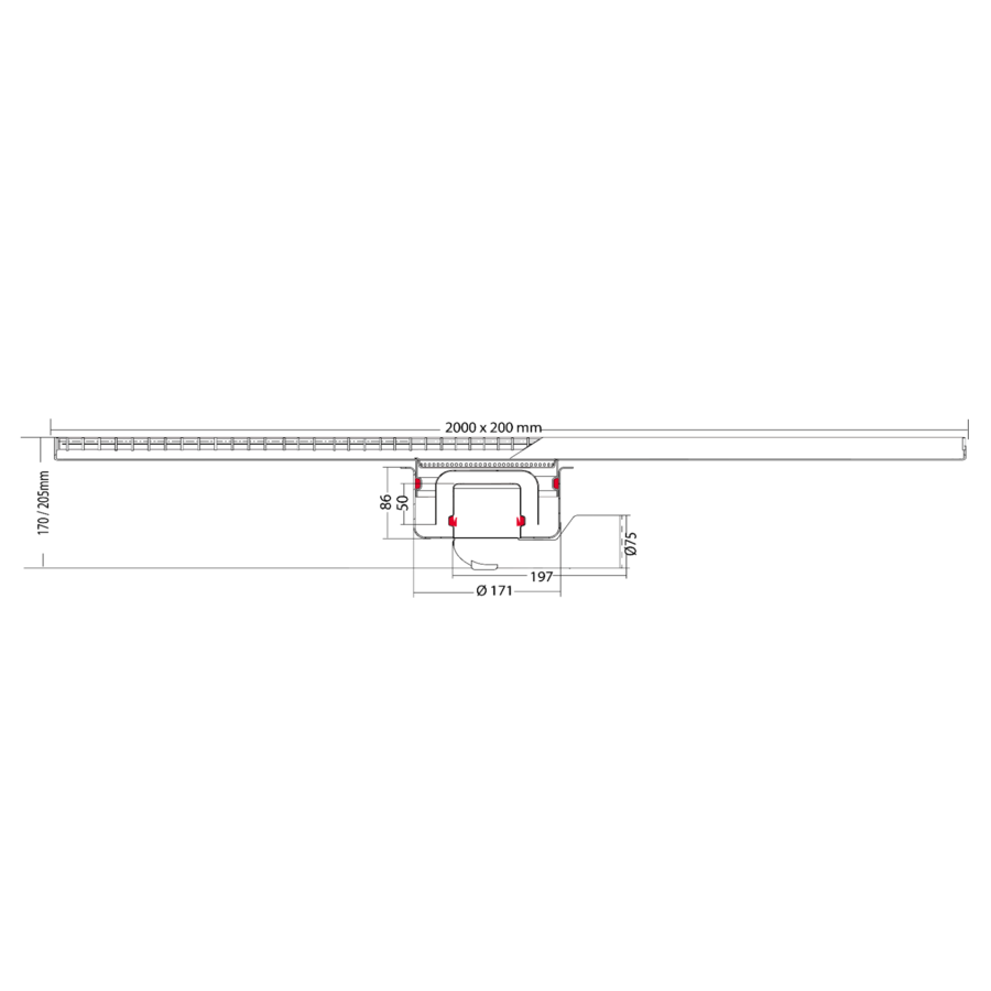Bodenablauf Edelstahl Horizontal/Vertikal Anschluss | 200(B)x10(T)x10(H) cm
