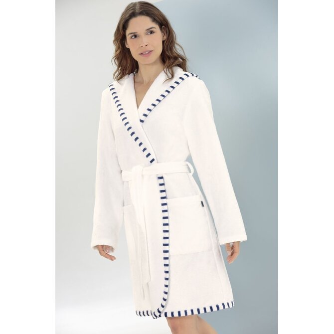 Cawo Dames Badjas Korte badjas met Capuchon 848 wit-breton 44/46