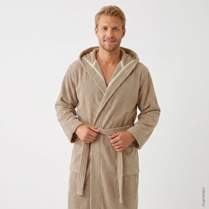 Cawö Home Heren Badjas met Capuchon 853 sand S