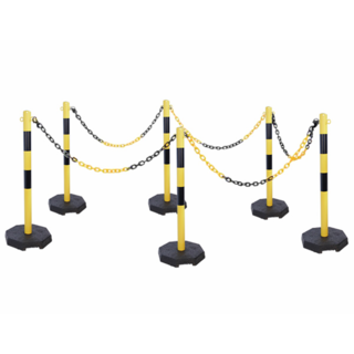 Barrier Steel Post set of 6 with 25m plastic chain Heavy duty Rubber base Y/B