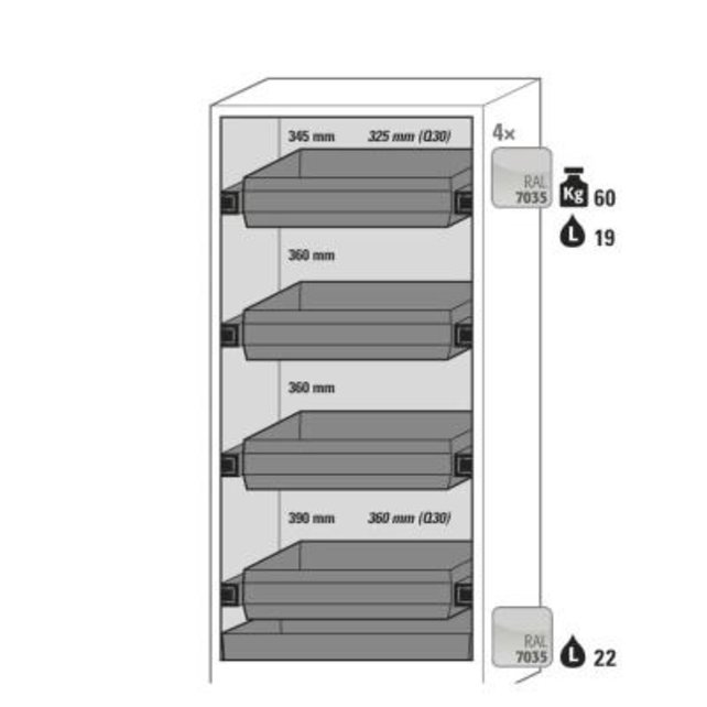 Safety cabinet for flammable liquids 86 x 62 x 194 cm, 30 min Fire resistance ,Glass doors, 4 Drawers Safety cabinet for flammable liquids 86 x 62 x 194 cm, 30 min Fire resistance ,Glass doors, 4 Drawers