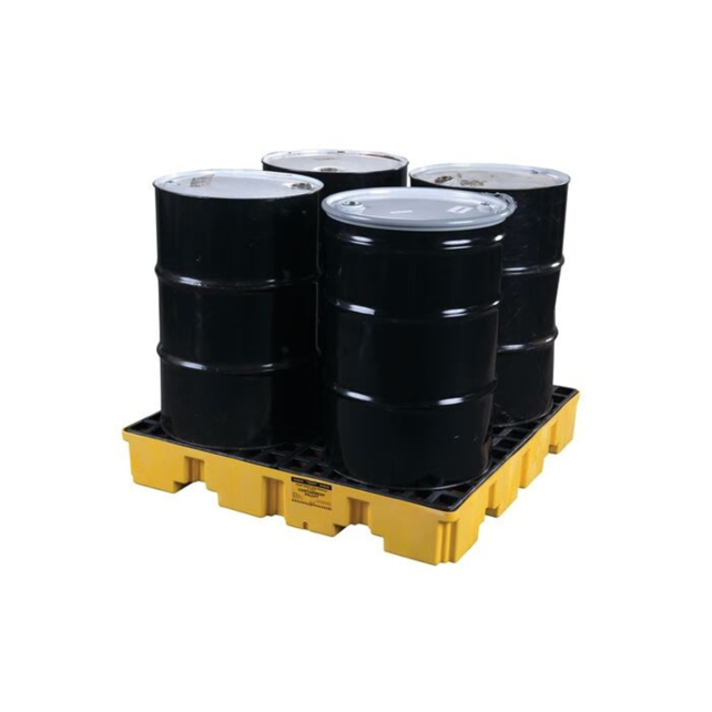 4 Drum Plastic Pallet, 66 Gallon Spill Capacity Without Drain, Yellow