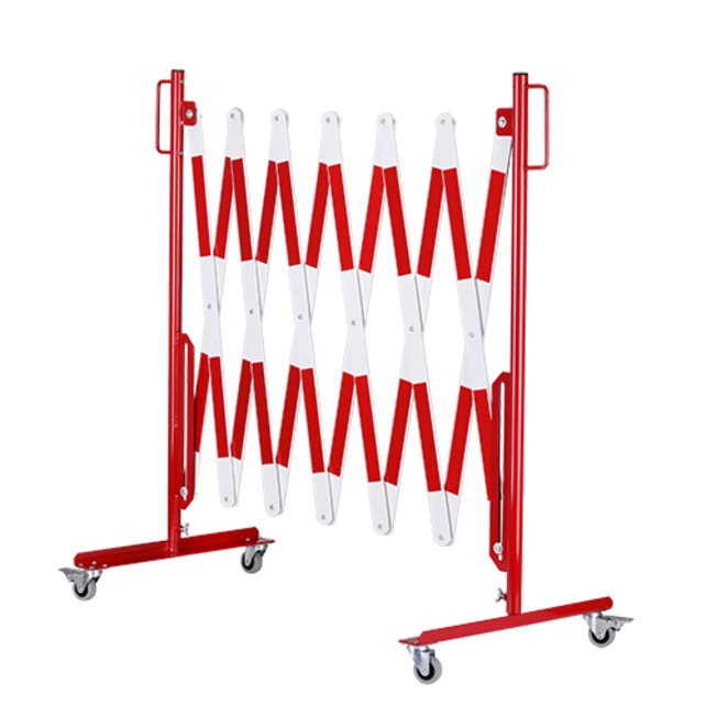 Expanding barrier red-white with wheels reflective marking extendable to 4 meters