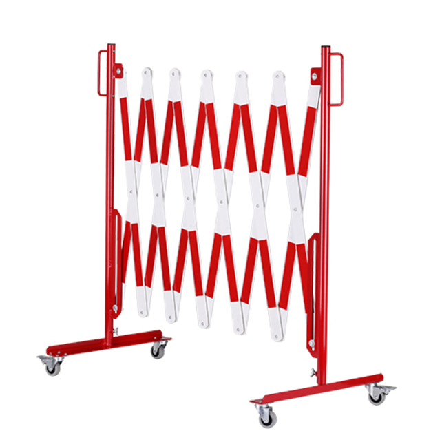Expanding barrier red-white with wheels reflective marking extendable to 3,6 m