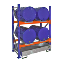 Drum rack shelves with sump tray 4x 200 Liter horizontal position