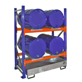 Drum rack shelves with sump tray 4x 200 Liter horizontal position