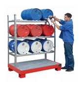 Drum rack shelves with sump tray 3x 60 Liter horizontal position Drum rack shelves with sump tray 3x 60 Liter horizontal position