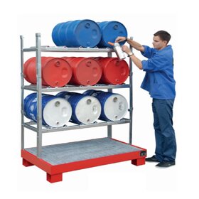 Drum rack shelves with sump tray 3x 60 Liter horizontal position