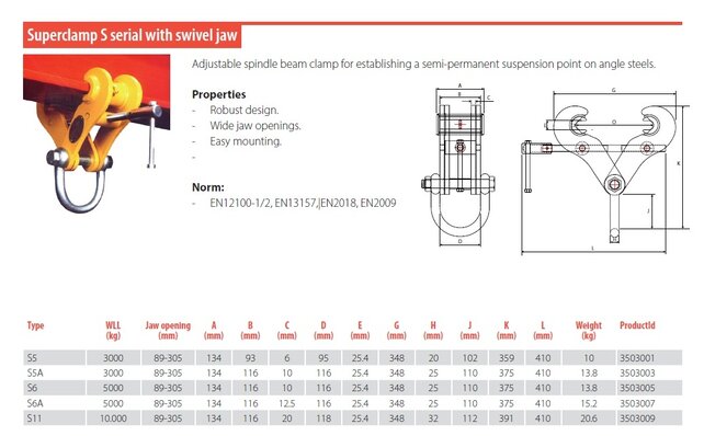 Superclamp S serial with swivel jaw 3-10 Ton 89-305mm