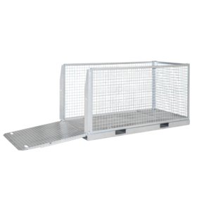 Material cage container for forklift with folding ramp