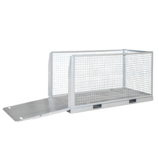 Material cage container for forklift with folding ramp