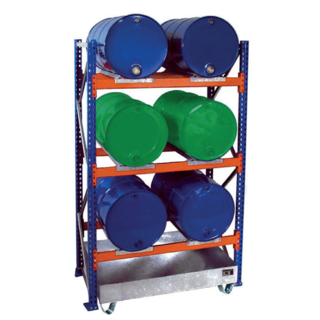 Drum rack shelves with sump tray 6 x 200 liter drums horizontal