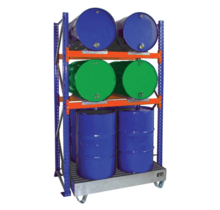 Drum rack shelves with sump tray 8 x 200L drums horizontal and vertical