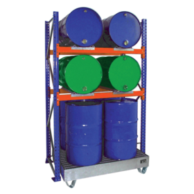Drum rack shelves with sump tray 8 x 200L drums horizontal and vertical