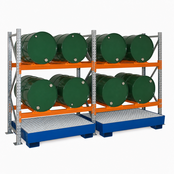 4 Drum Horizontal Steel Drum Rack with 270L Sump Tray – 2 Levels, 600kg per Level