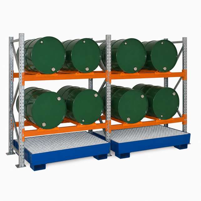 4 Drum Horizontal Steel Drum Rack with 270L Sump Tray – 2 Levels, 600kg per Level